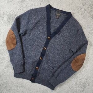 J Crew Merino Wool Cardigan Sweater Womens S Blue Slim Elbow Patches Grandmacore
